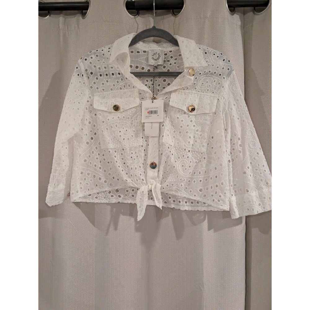 Lollipop Brand White Eyelet Cropped Shirt Tie-Front Boho Top